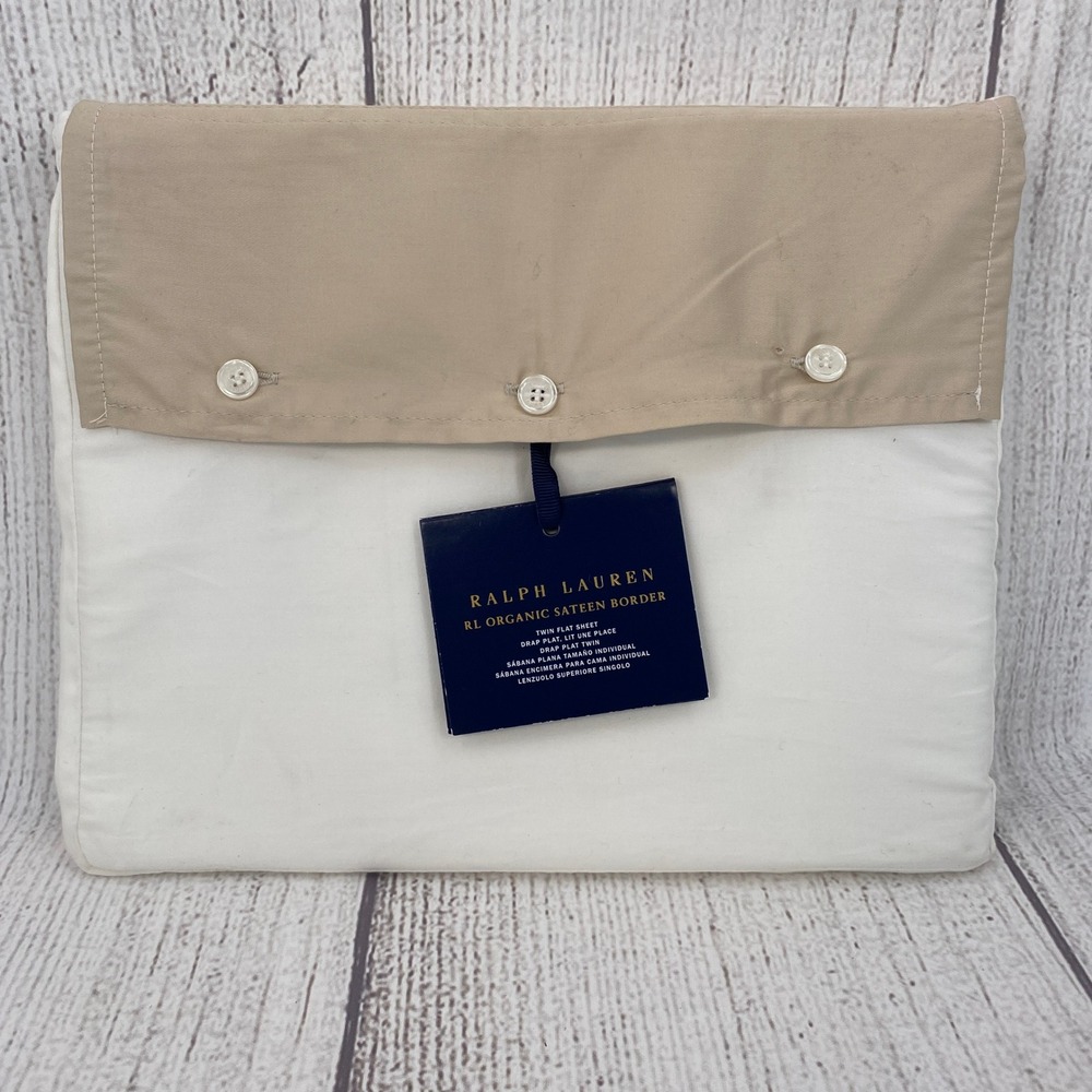 Ralph Lauren Flat Sheet Twin White Tan RL Organic Sateen Border Crisp Luxury